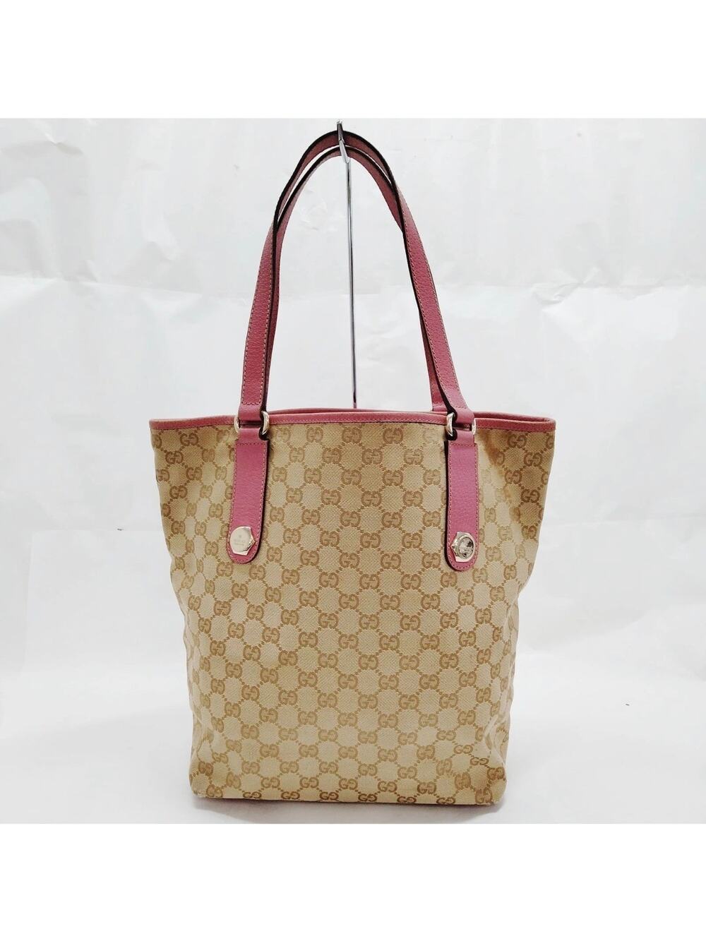 Gucci GG Canvas Bucket Tote Beige Pink Leather Trim Shoulder Bag Authentic